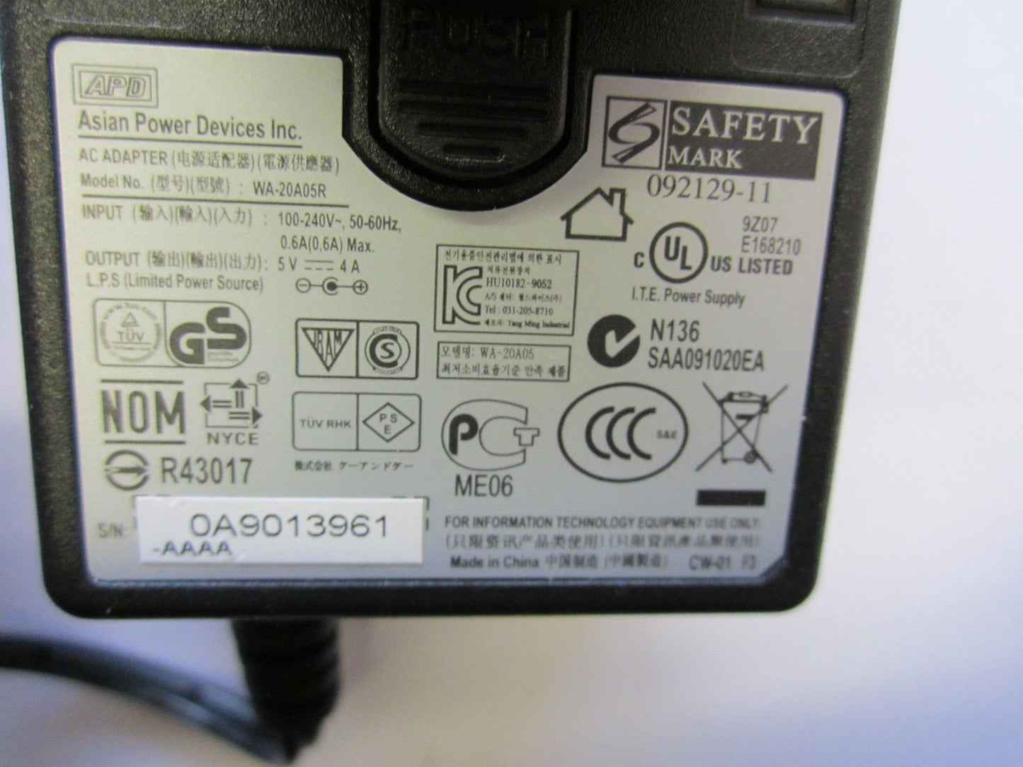 5V 4A Genuine APD Asian Power Devices Inc AC Adaptor WA-20A05R AC-DC ADAPTOR