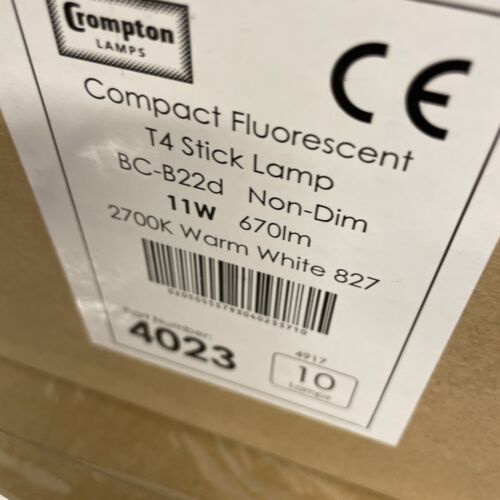 10 x Crompton 4023 Compact Fluorescent T4 Stick Lamps 2700K BC-B22d - 11 Watt