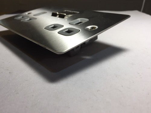 Black Nikel Flat Plate Double Plug Socket 2 Gang 13 Amp