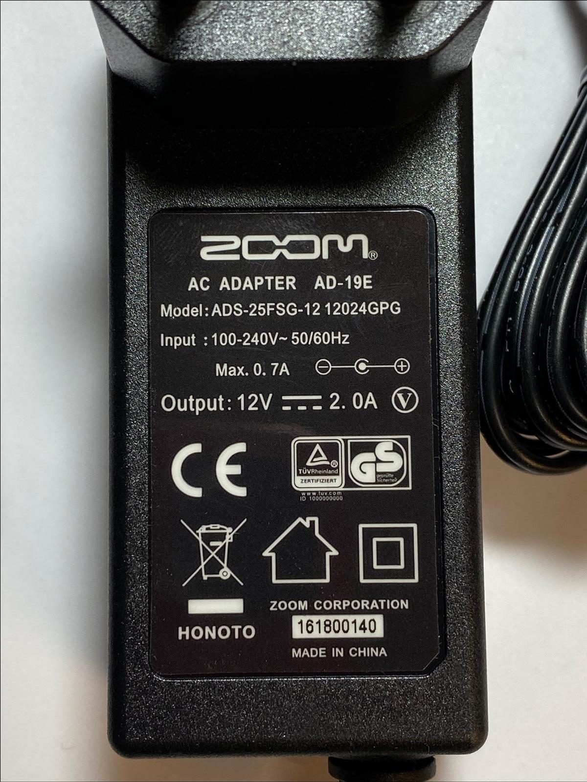 EU ZOOM AC Adapter AD-19E ADS-25FSG-12 12024GPG 12V 2.0A Power Supply PSU Plug