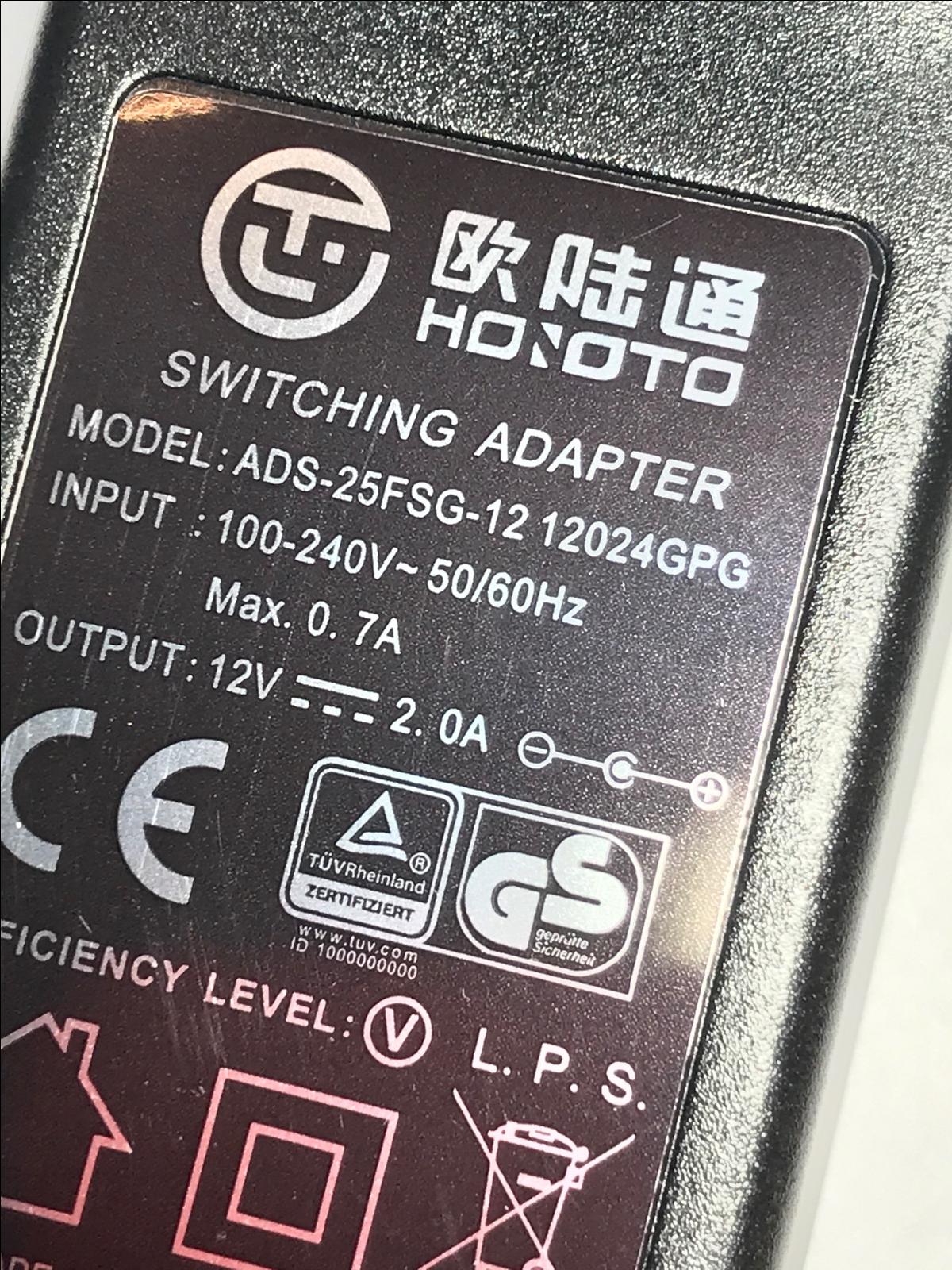 EU 12V 2.0A SWITCHING ADAPTER model ADS-25FSG-12 12024GPG SHENZHEN HONOR