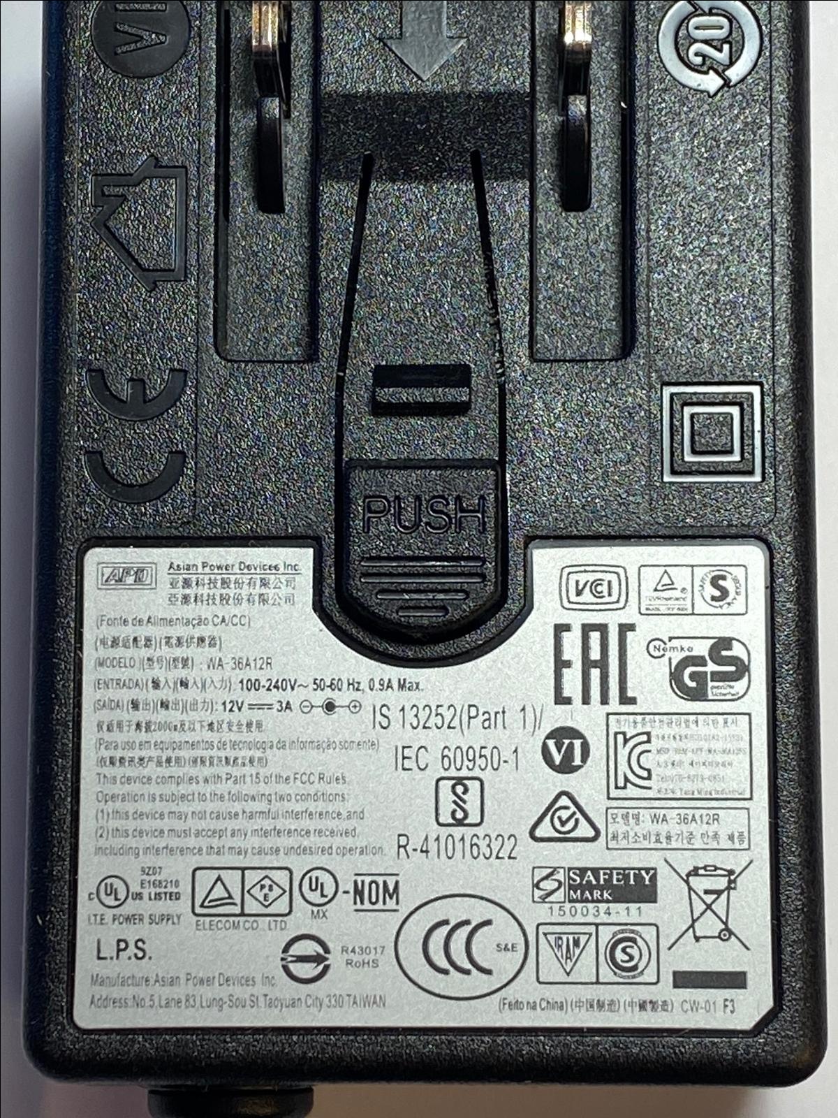 Genuine Asian Power Devices AC Adaptor Power Supply WA-36A12R 12V 3A Naked Plug