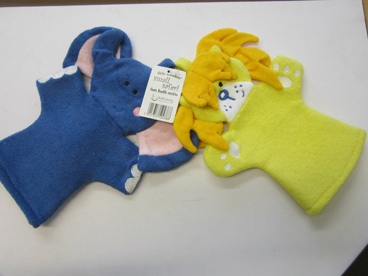 Blue Elephant & Yellow Lion Fun Childrens/Baby Bath Mitts Toy Wash Glove Puppet