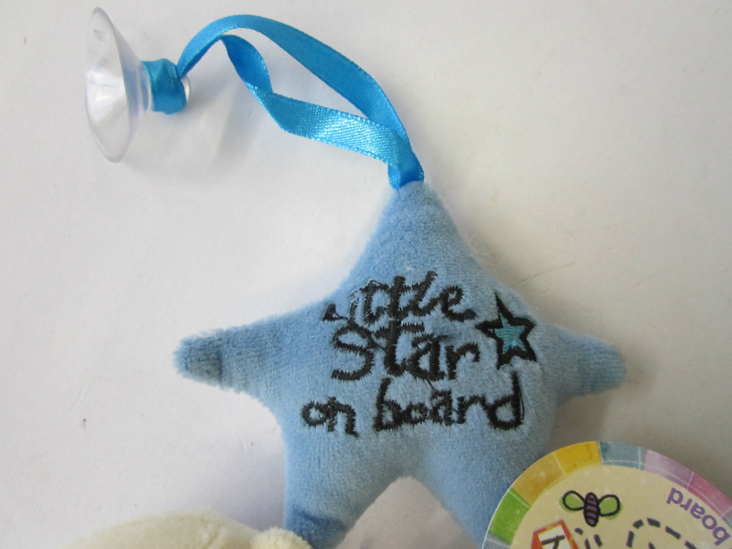 Baby Boy Blue Little Star on Board Car Window Cuddly Teddy + Rattle Bell Inside
