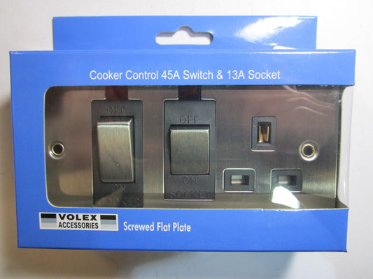 Volex Cooker Control 45A Switch 13A Socket Neon Black Interior Stainless Steel