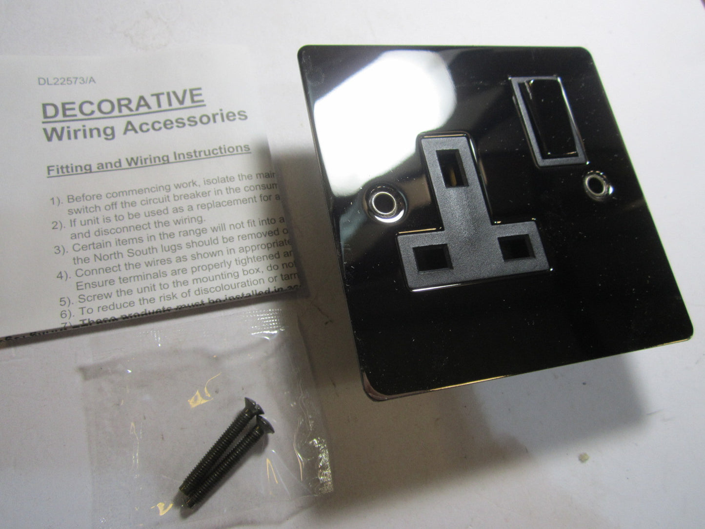 Volex 1 Gang Switched Socket 13A Double Pole Black Interior Black Nickel Flat