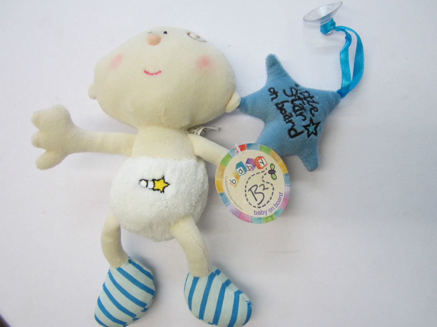 Baby Boy Blue Little Star on Board Car Window Cuddly Teddy + Rattle Bell Inside