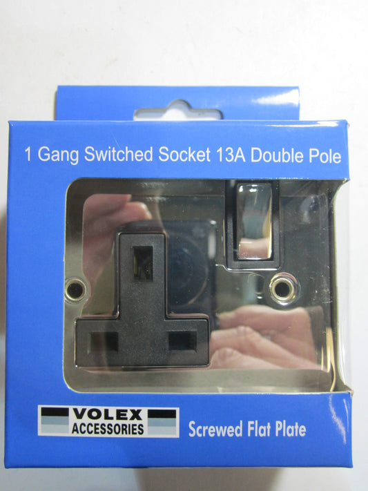 Volex 1 Gang Switched Socket 13A Double Pole Black Interior Polished Chrome Flat
