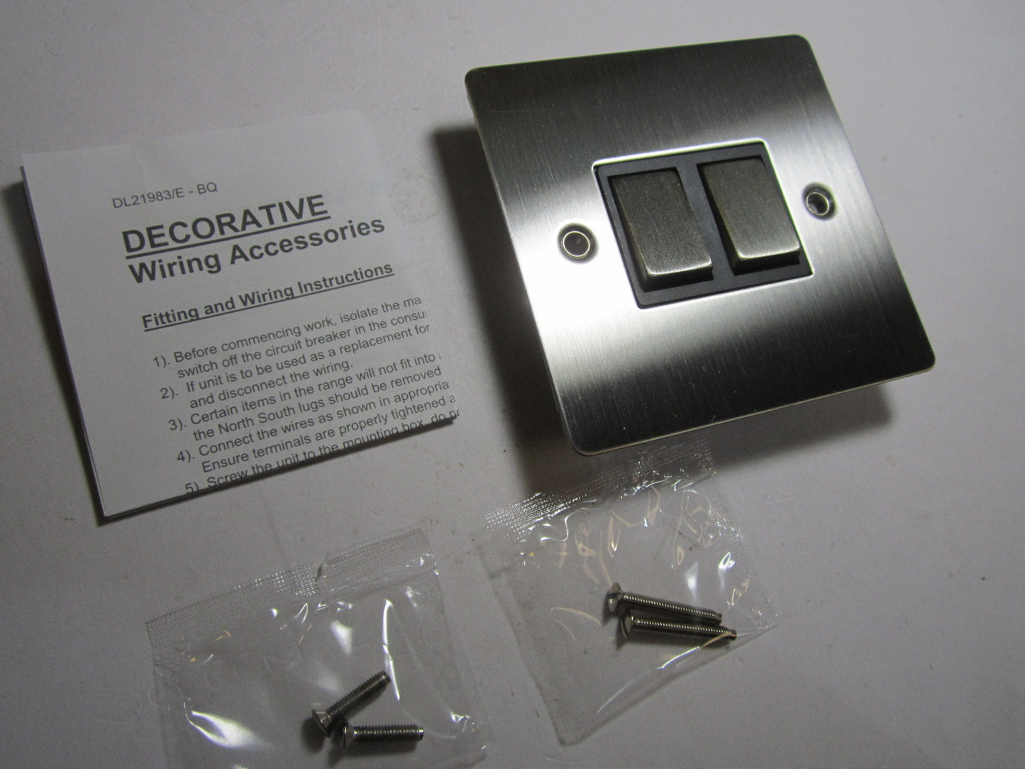 Volex 2 Gang 2 Way Lightswitch 10AX Black Interior Stanless Steel Flat Plate
