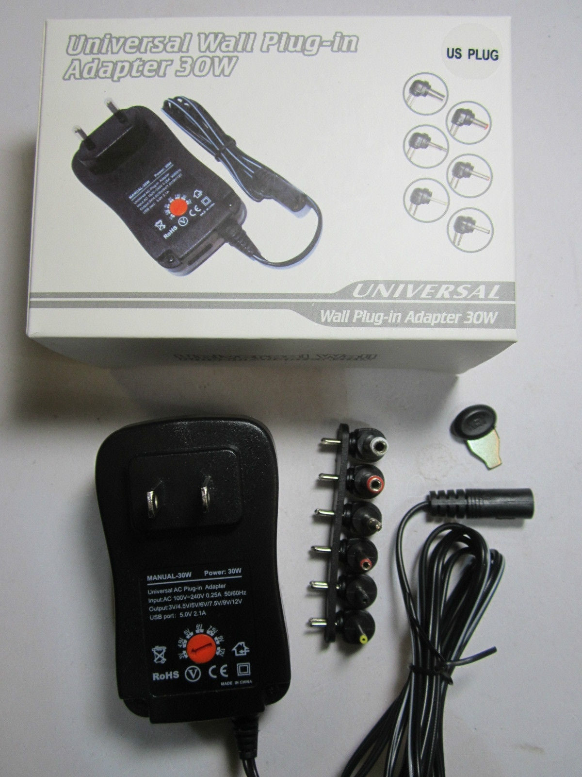 USA 3V/4.5V/5V/6V/7.5V/9V/12V 30W Universal AC-DC Adaptor Power Supply + 6 Tips