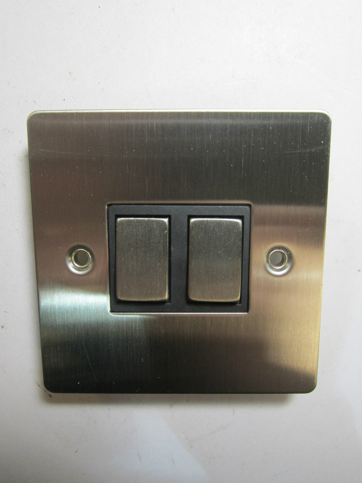 Volex 2 Gang 2 Way Lightswitch 10AX Black Interior Stanless Steel Flat Plate
