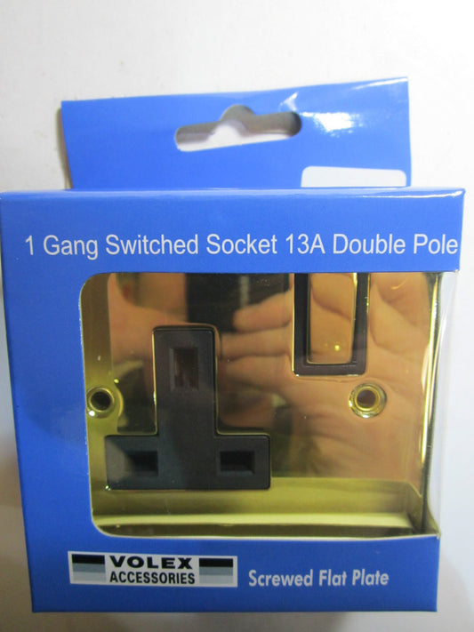 Volex 1 Gang Switched Socket 13A Double Pole Black Interior Polished Brass Flat