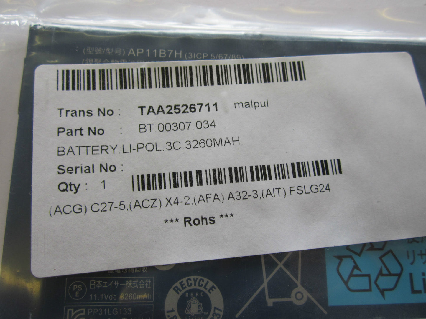 Genuine ACER Tab Iconia BT.00307.034 BT.00303.024 AP11B7H 11.1V 3260mAh Battery
