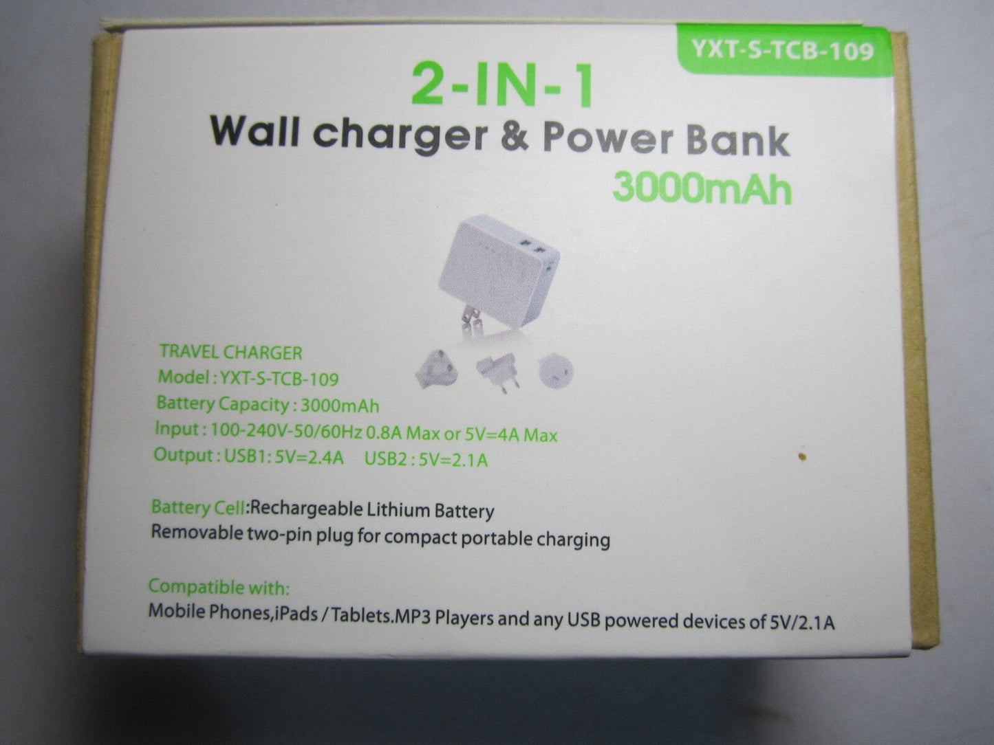 UK 5V 2.4A + 5V 2.1A Dual USB Mains Charger Adaptor + Power Bank 3000mAh Battery