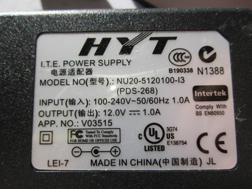 Genuine HYT I.T.E Power Supply 12.0V 1.0A Model No NU20-5120100-I3 AC Adaptor