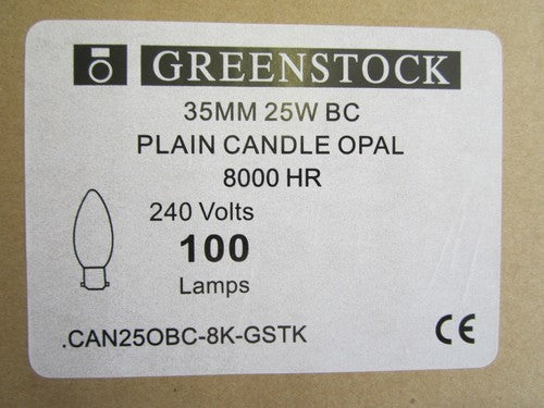 100 x GREENSTOCK 35mm 25W BC Plain Candle Light Bulb Opal 8000hr 150lm Long Life