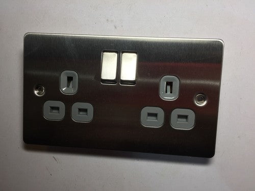 Black Nikel Flat Plate Double Plug Socket 2 Gang 13 Amp