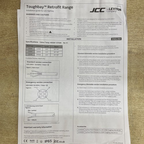JCC Toughbay Retrofit JC040006 100W 90 5700K IP65 G2 Emergency LED Light