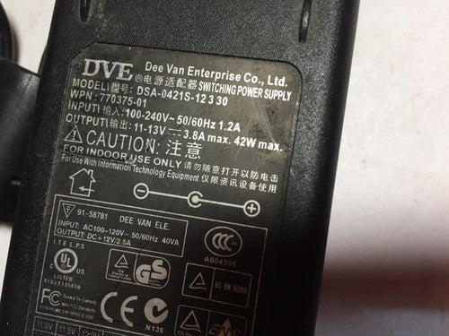 DEE VAN ENTERPRISE SWITCHING POWER SUPPLY DSA-0421S-12 3 30 11-13V 3.8A 42W
