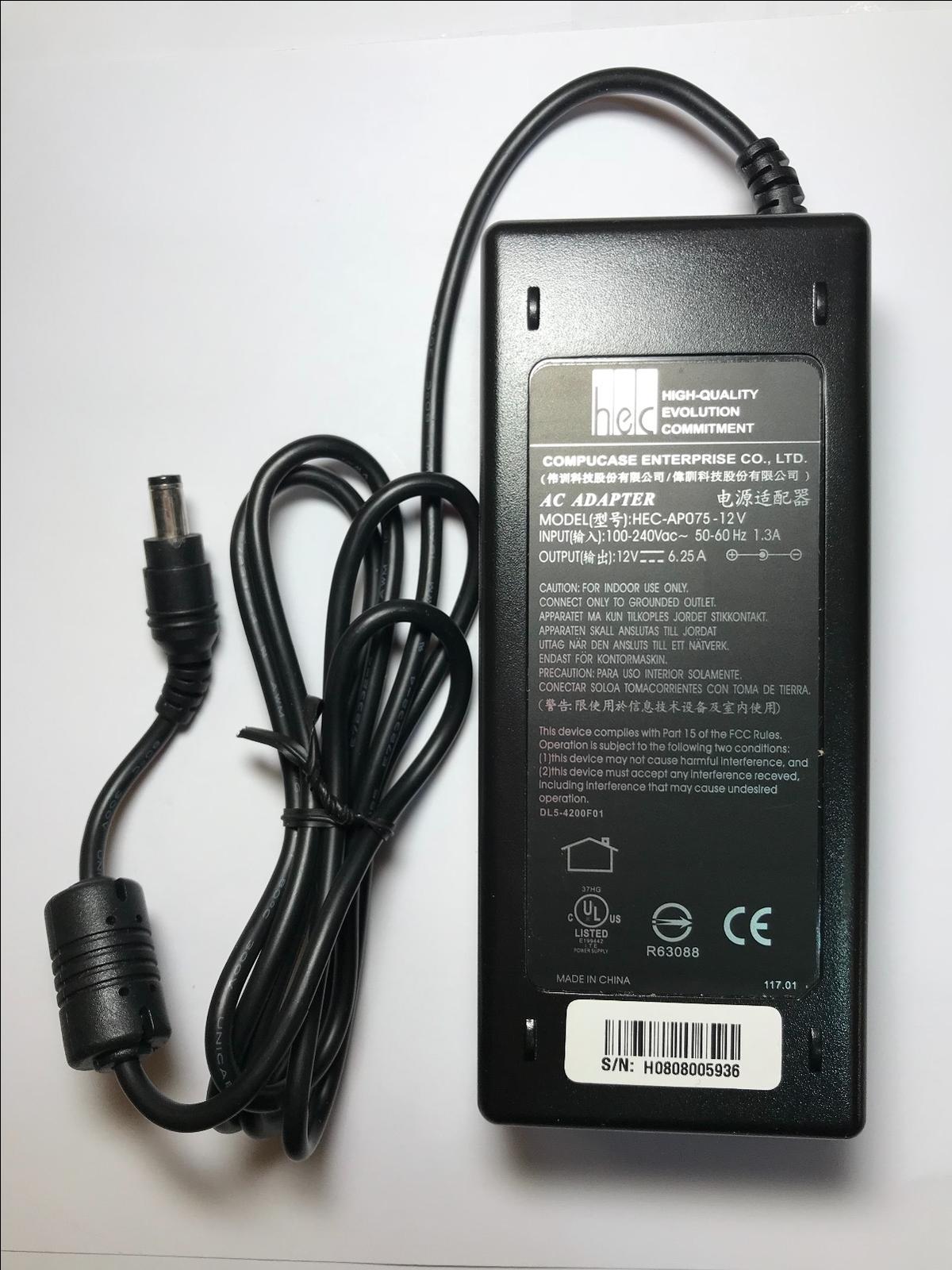 12V 12.0V 6.25A AC-DC Switching Adaptor Regulated Power Supply C5 Inlet 5.5mm
