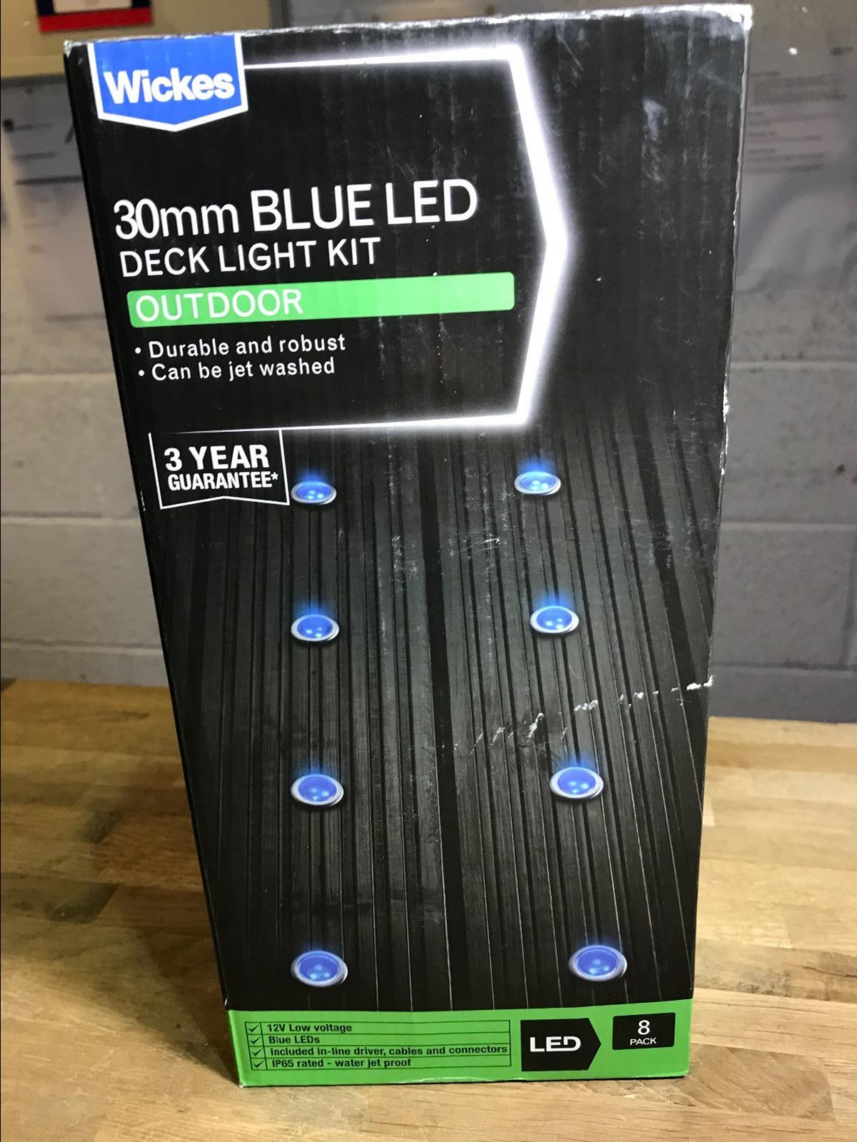 WICKES 8 X 30mm BLUE 12V LED OUTDOOR IP65 DECK DECKING LIGHT KIT 10.5M RUN