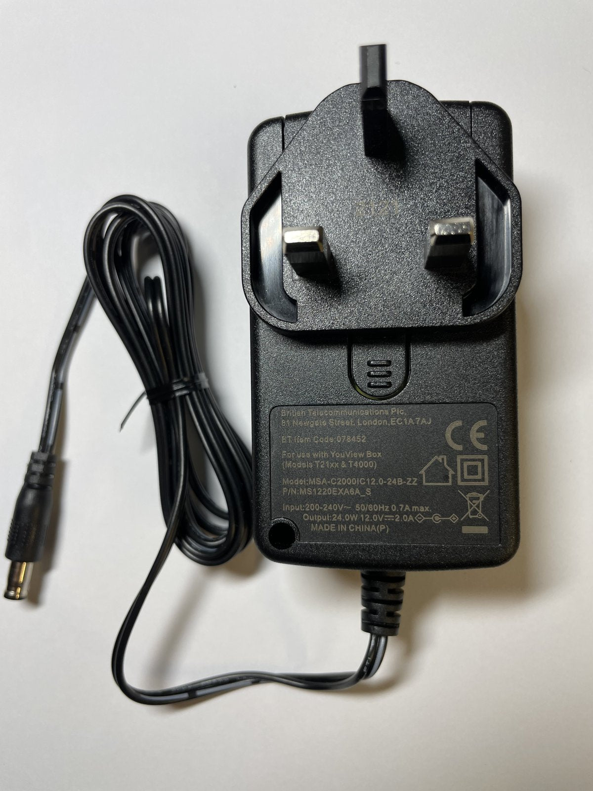 12.0V 2.0A 24.0W AC Adaptor Power Supply BT 078452 for YouView Box T21xx T4000