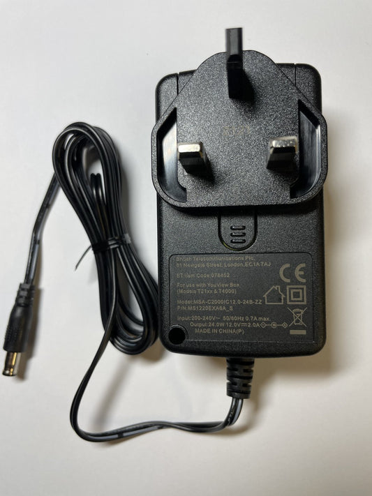 12.0V 2.0A 24.0W AC Adaptor Power Supply BT 078452 for YouView Box T21xx T4000