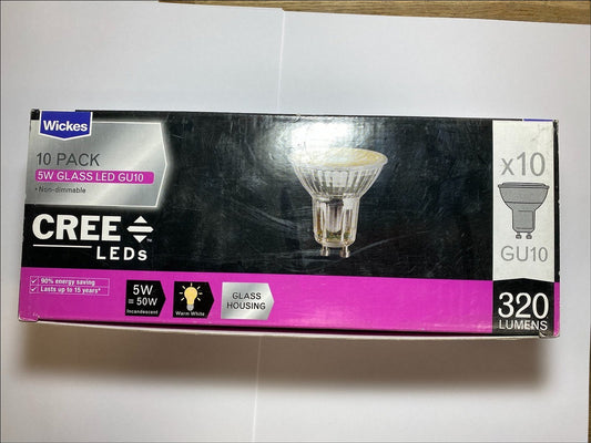Wickes Cree LED Glass Housing 320lm Spot Light Bulb 5W = 50W GU10 Pack of 10