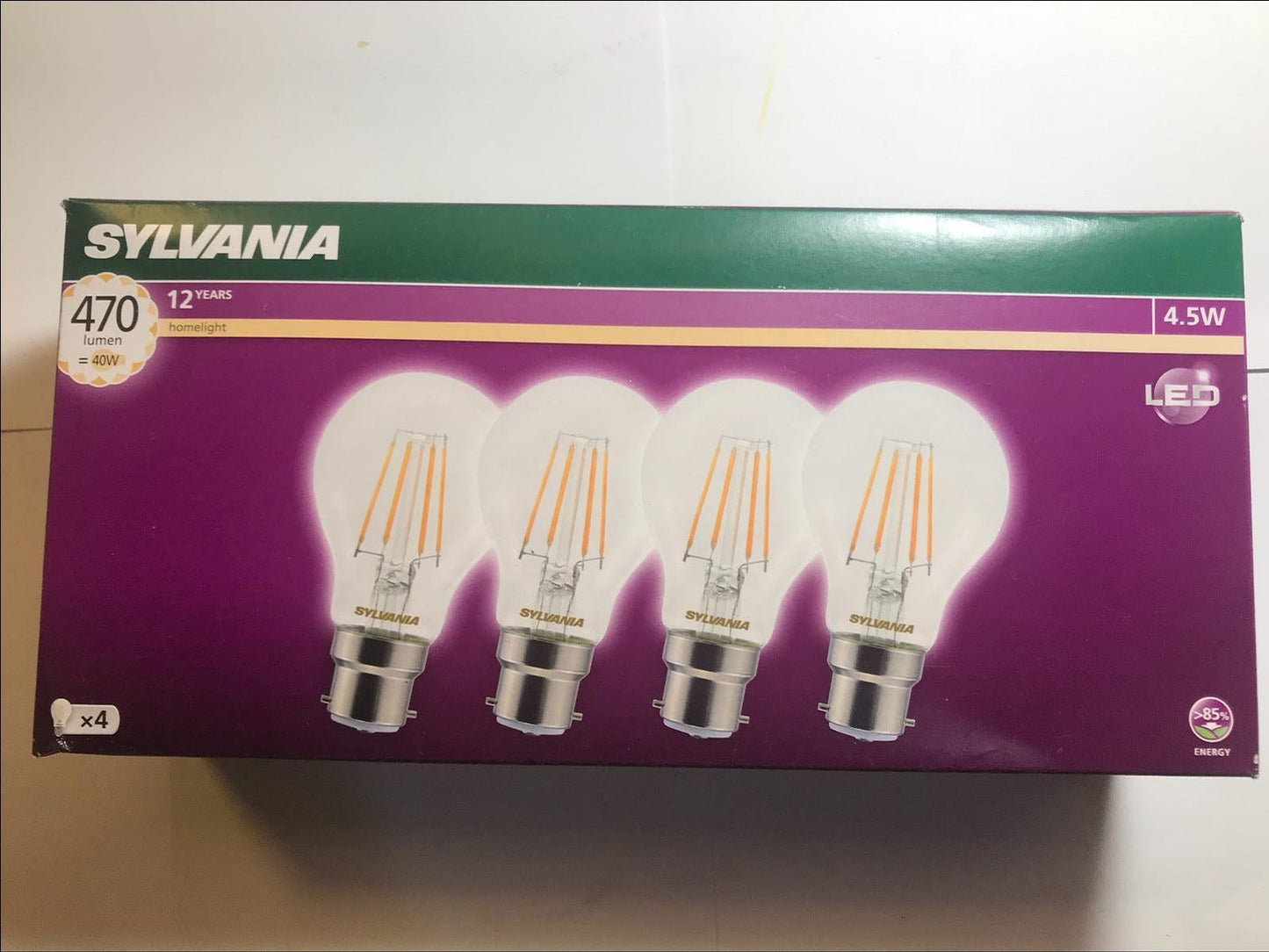 Pack of 4 Sylvania LED RT A60 Filament Clear GLS Lamp 4.5W BC (B22) 470lm