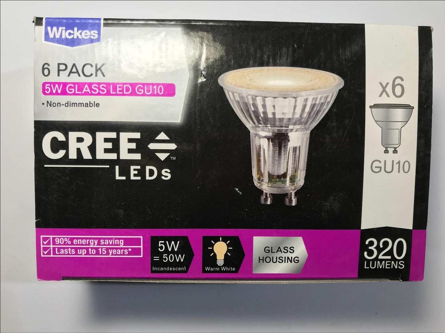 Wickes Cree LED Glass Housing 320lm Spot Light Bulb 5W = 50W GU10 Pack of 6