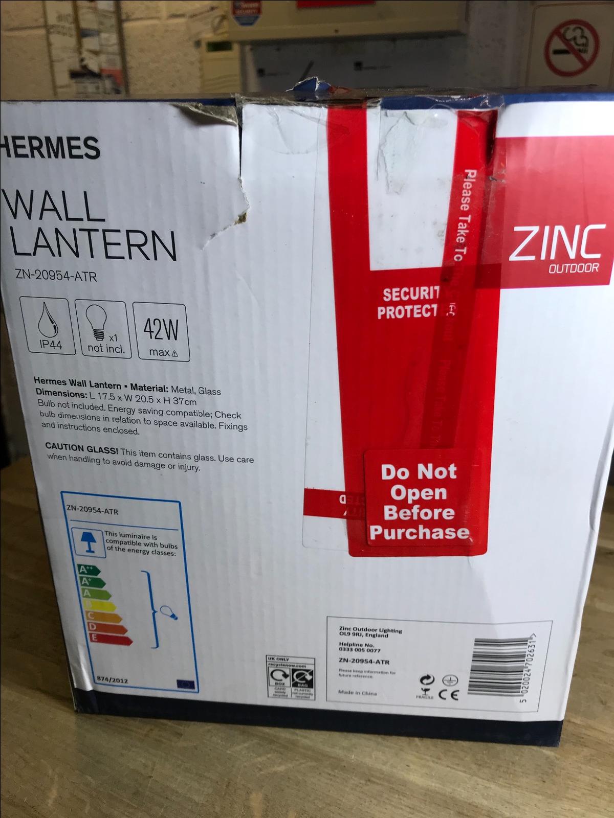 ZINC OUTDOOR HERMES WALL LANTERN ZN-20954-ATR IP44 E27 42W MAX 37CM HIGH