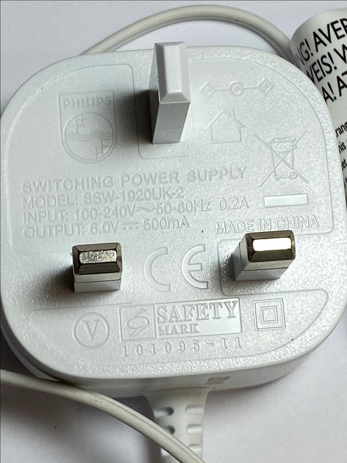 WHITE Philips Switching Power Supply SSW-1920UK-2 6.0V 6V 500mA Charger