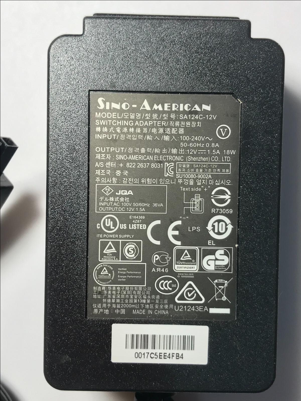 Genuine SINO AMERICAN Switching Adapter SA124C-12V 12V 1.5A 18W 4 Dell SonicWall