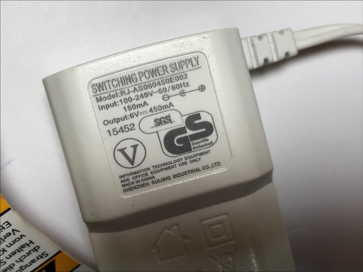 Genuine EU 6V 450mA Switching Power Supply RJ-AS060450E002 Monitor Charger THICK