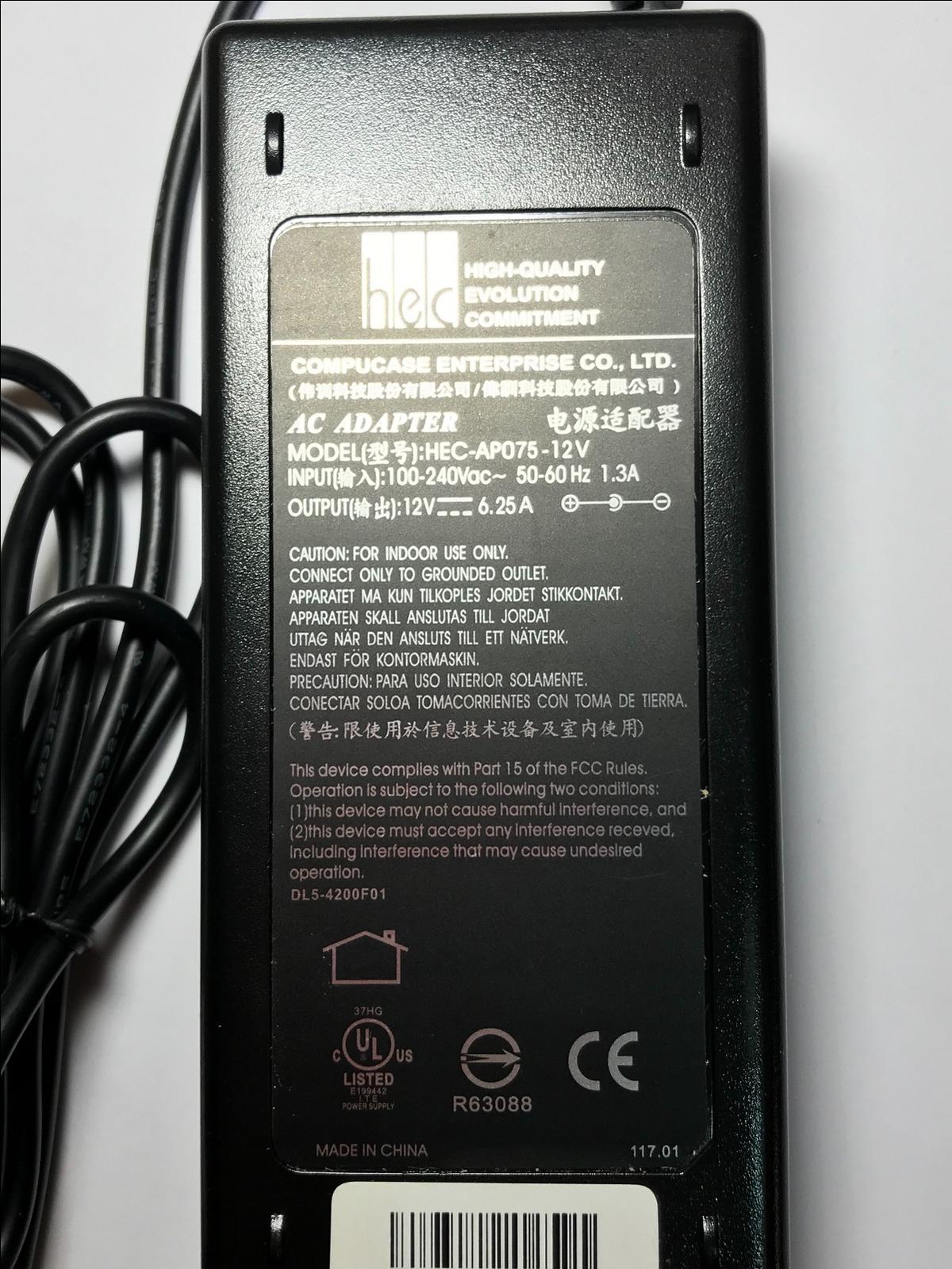 12V 12.0V 6.25A AC-DC Switching Adaptor Regulated Power Supply C5 Inlet 5.5mm