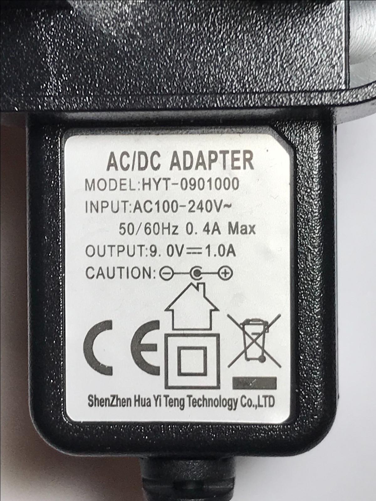 Genuine 9.0V 1.0A AC/DC Adapter model HYT-0901000 5.5mm x 2.1mm UK Plug