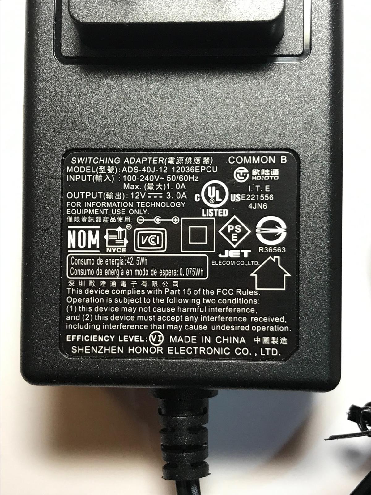 USA Plug Genuine 12V 3.0A ADS-40J-12 12036EPCU SWITCHING ADAPTER Power Supply