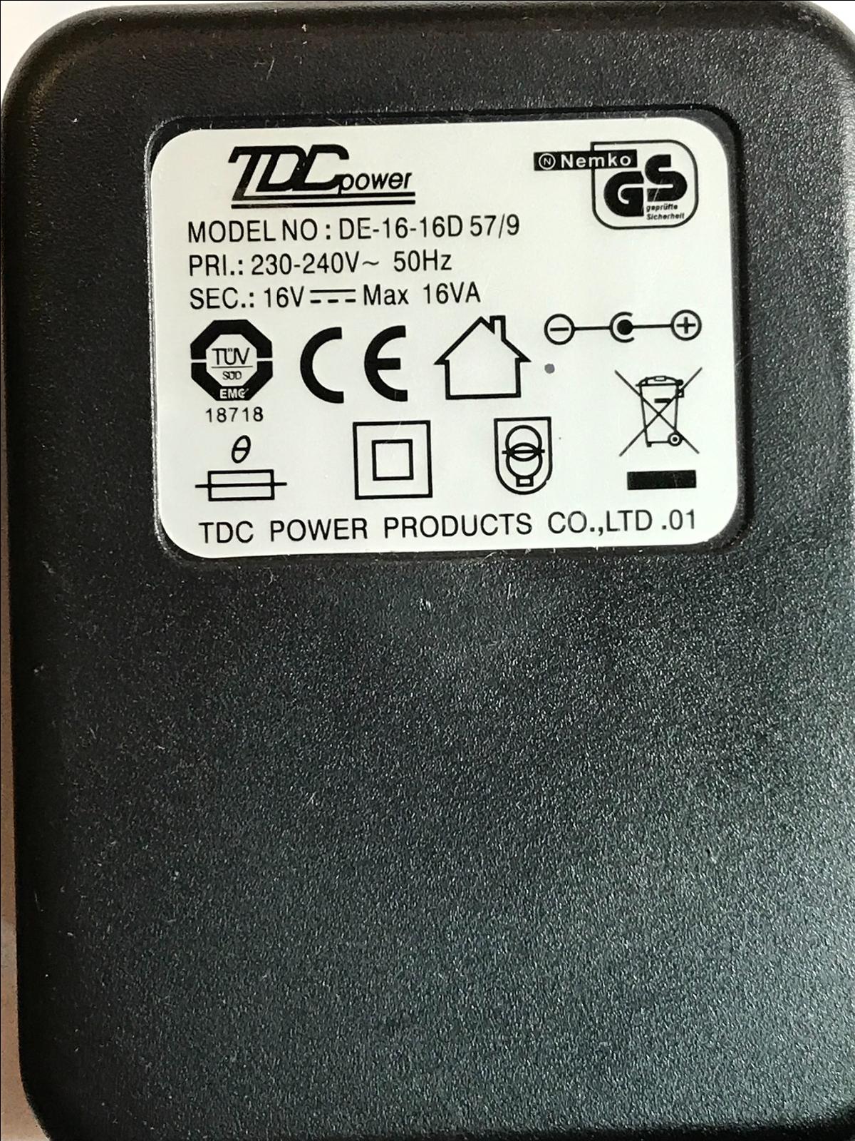 EU 16V 1A MAX 16VA TDC POWER MODEL NO DE-16-16D57/9 16D 57/9 TRANSFORMER POWER