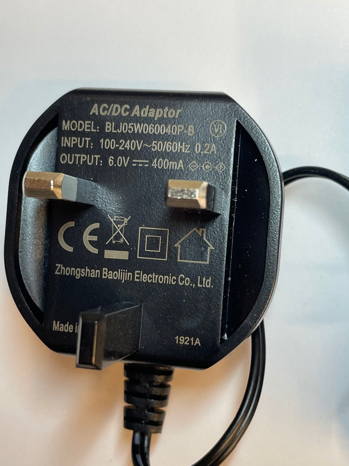 Replacement for 6.0V 0.4A 2.4W S003AIB0600040 BT AC Adaptor Charger UK Plug
