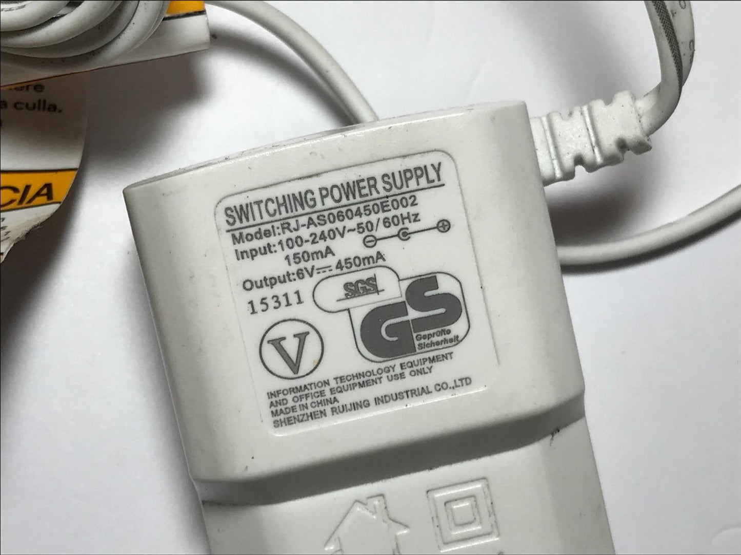 Genuine EU 6V 450mA Switching Power Supply RJ-AS060450E002 Monitor Charger THIN