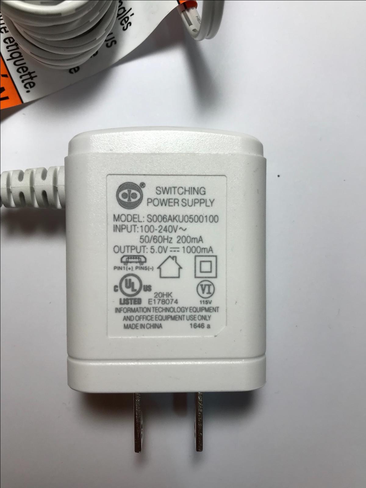 Genuine USA White 5.0V 1000mA 5V 1A Switching Power Supply S006AKU0500100 Micro
