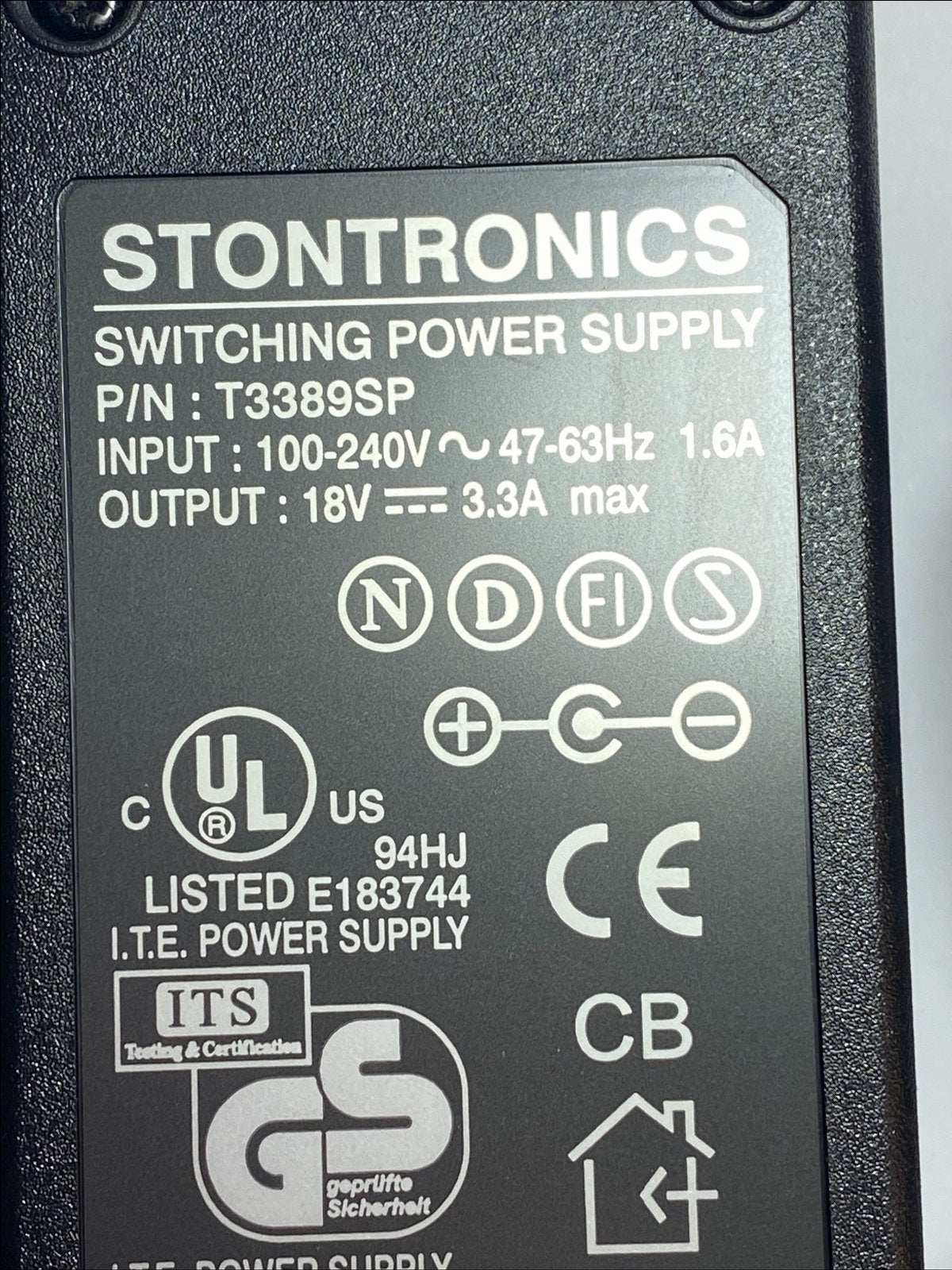 18V 3.33A Switching Power Supply T3389SP Stontronics 5.5mm x 2.5mm AC-DC Adaptor