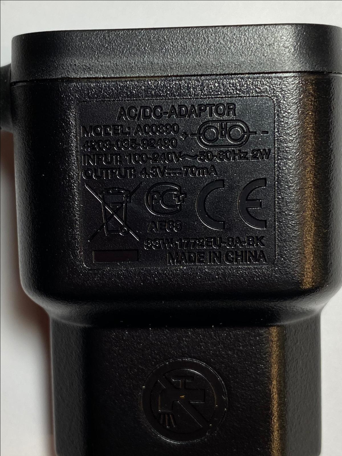 EU Black 4.3V 70mA Charger AC/DC Adaptor A00390 SSW-2564EU for Philips Shaver
