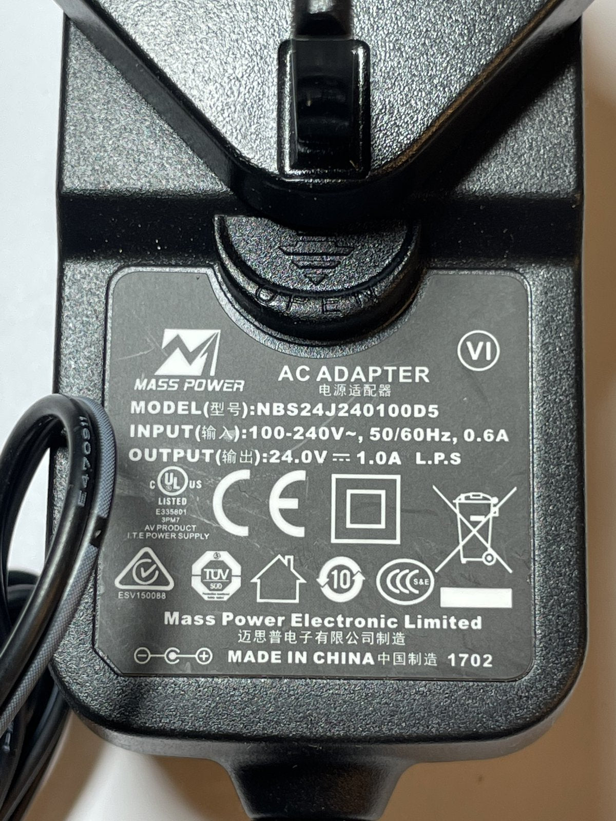Replacement 24V 1A AC-DC Adaptor Charger for Hyperrice Hypervolt Massage Gun