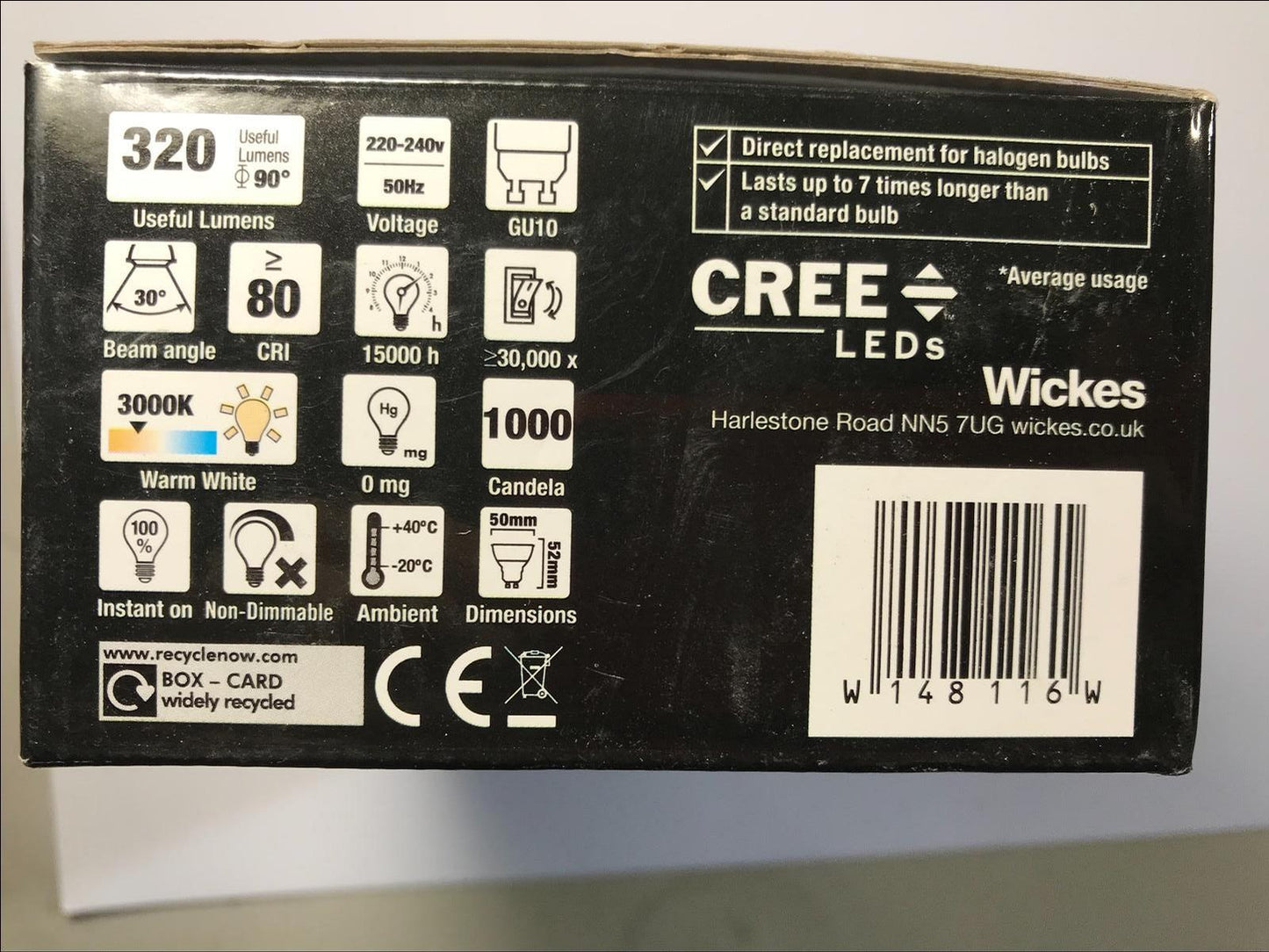 Wickes Cree LED Glass Housing 320lm Spot Light Bulb 5W = 50W GU10 Pack of 6