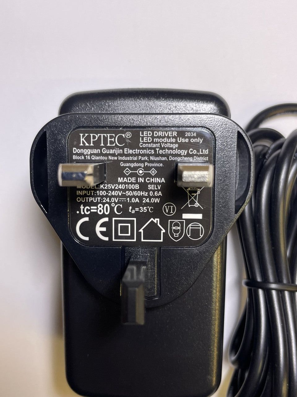 24.0V 1.0A 24.0W KPTEC LED Driver Constant Voltage K25V240100B 5.5mm x 2.1mm