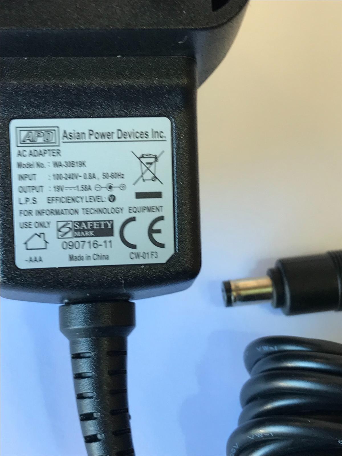 Genuine Original APD AC ADAPTER model no WA-3019K 19V 1.58A Charger