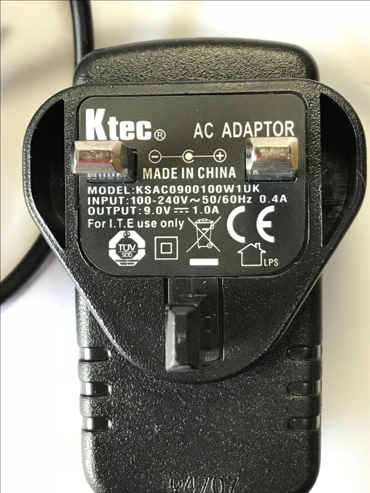 Genuine Ktec AC Adaptor model KSAC0900100W1UK 9.0V 1.0A Power Supply UK Plug