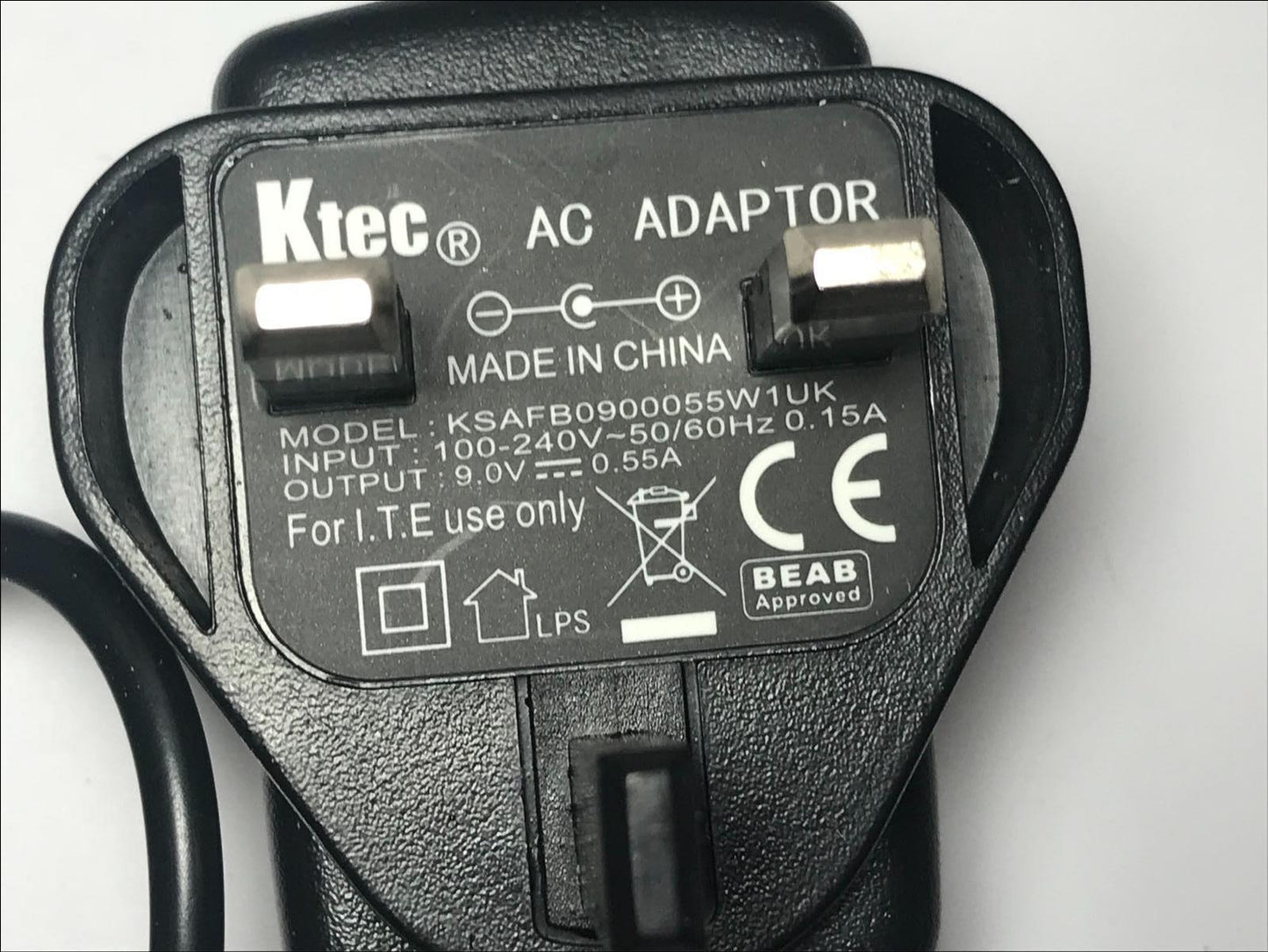 9.0V 0.55A KTEC AC-DC ADAPTOR model KSAFB0900055W1UK Power Supply Charger