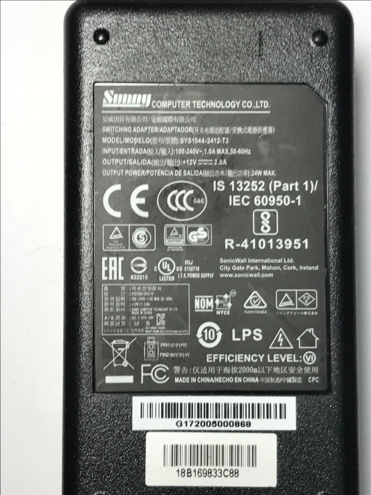 Genuine 12V 2.0A Sunny Switching Adapter SYS1544-2412-T3 for SonicWall